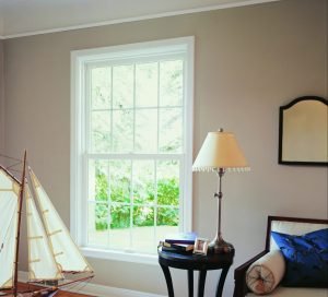 A glass window with white frames is shown in the picture