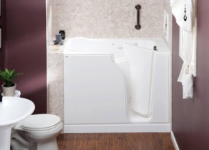 White color walk-in-tub with white color washbasin.